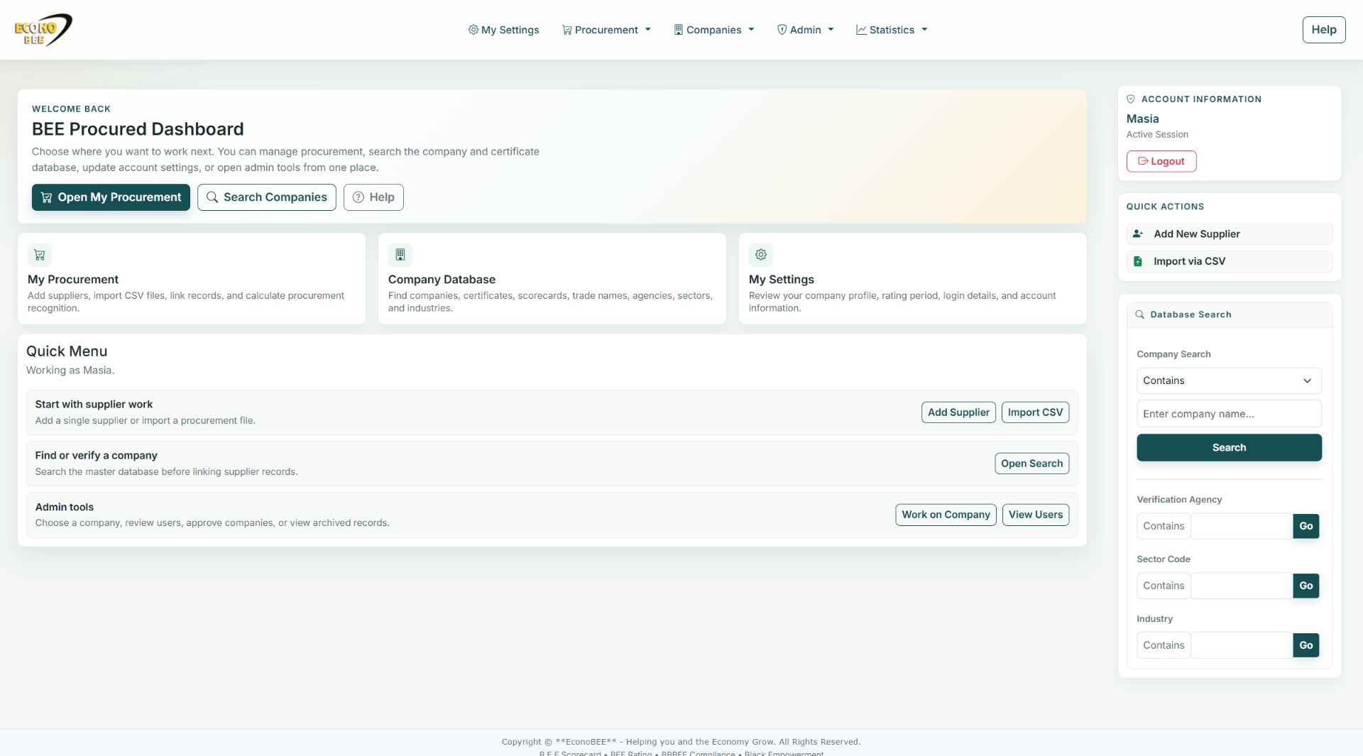 BEE Procured V5 dashboard showing procurement, company search and supplier workflow controls