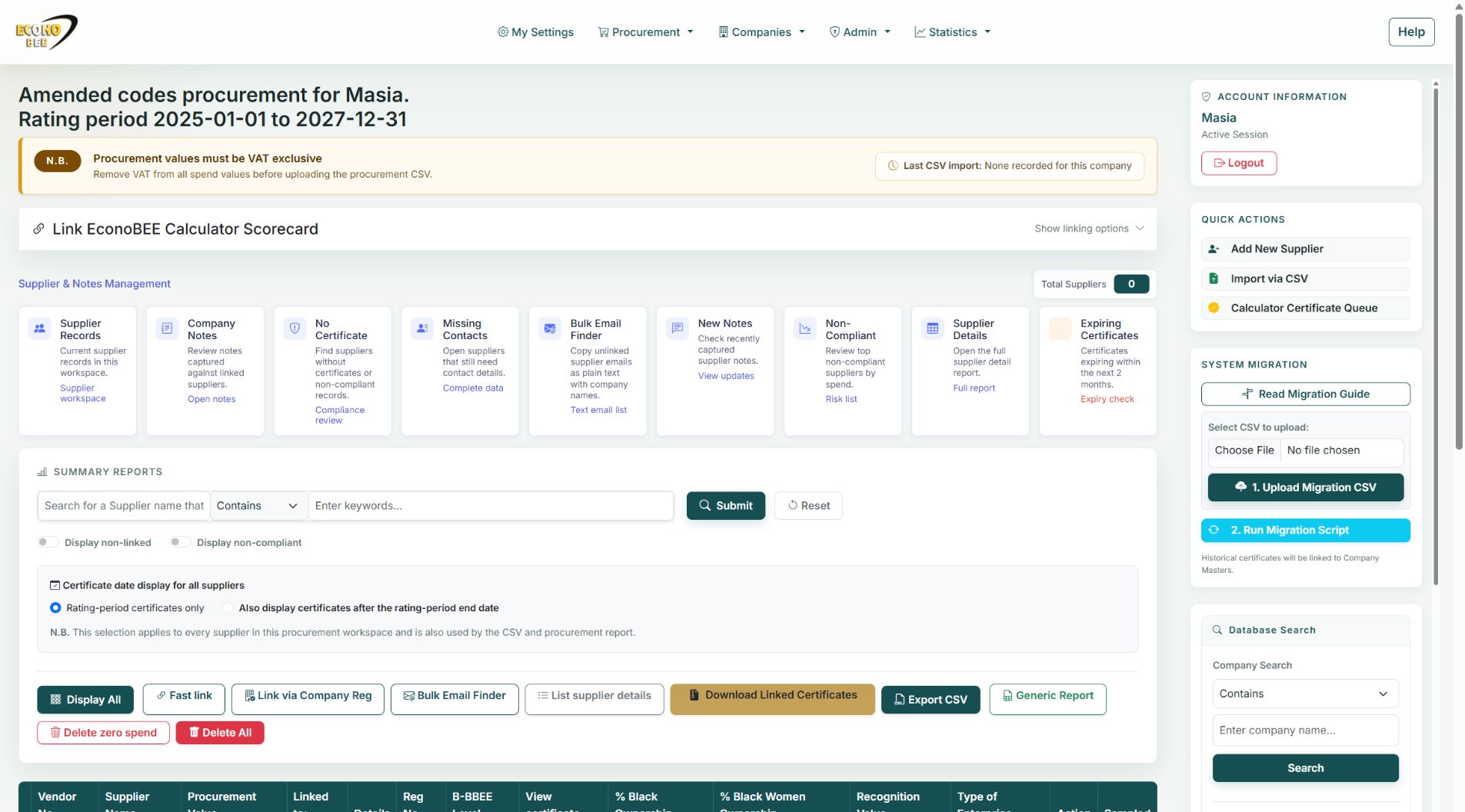 BEE Procured V5 procurement workspace with supplier management controls