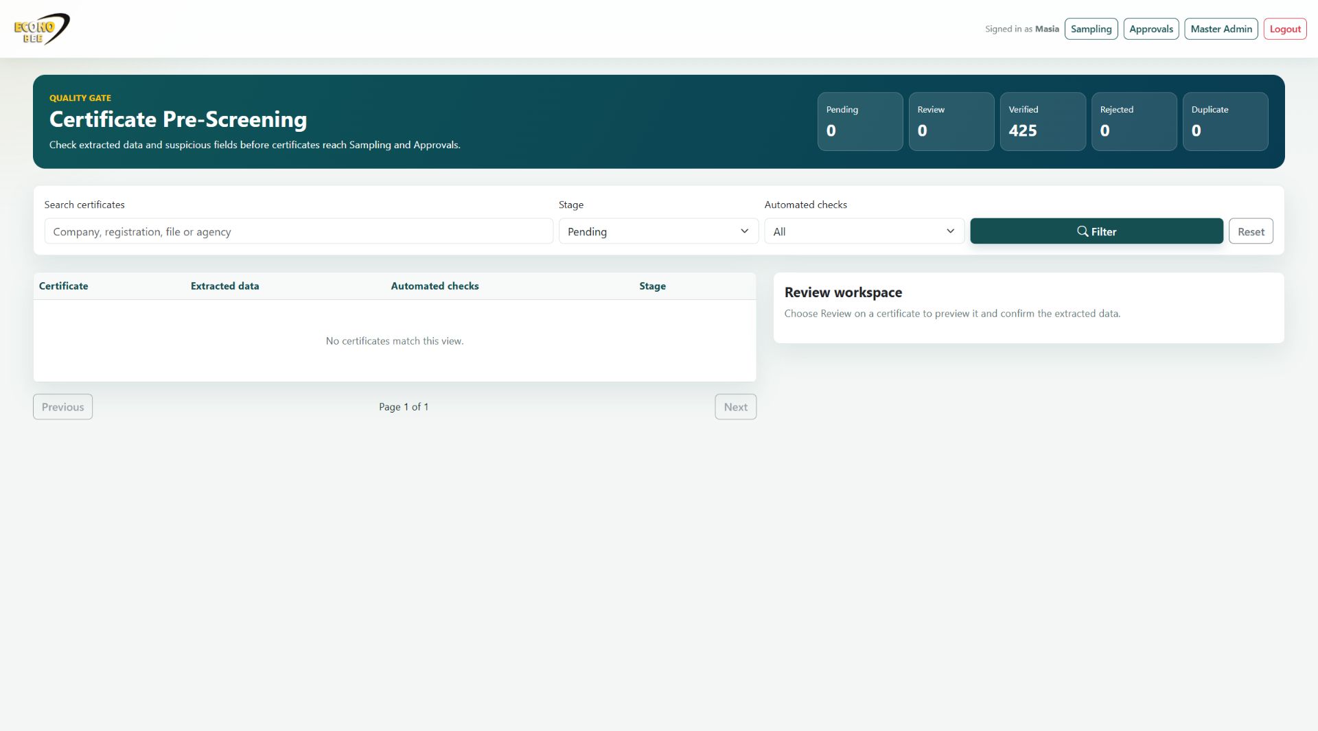 Actual app screenshot: Certificate pre-screening