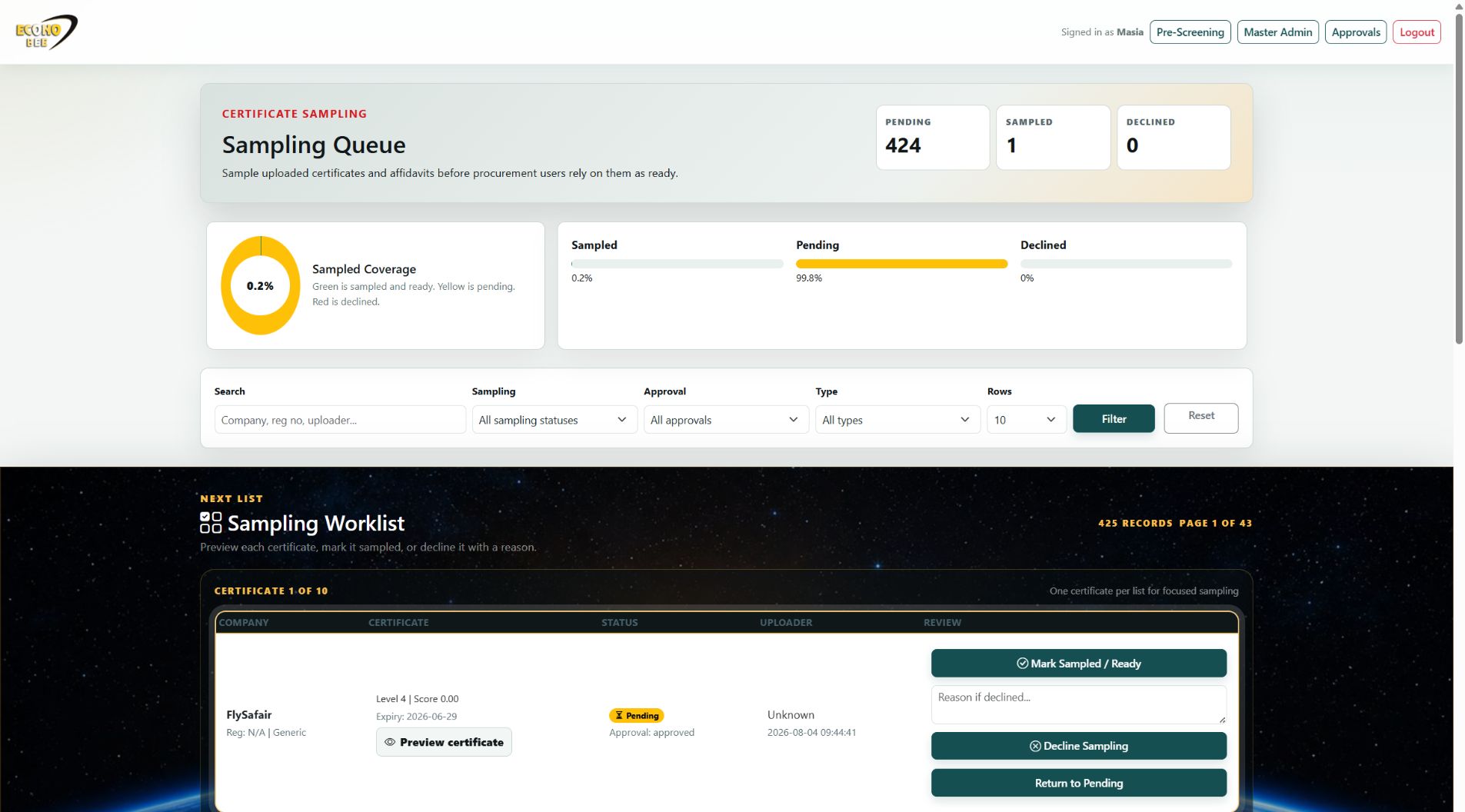 Actual app screenshot: Certificate sampling