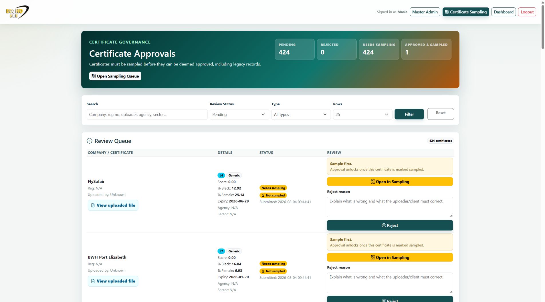 Actual app screenshot: Certificate approvals